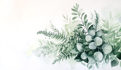Watercolor green arrangement with fern and eucalyptus leaves in soft green on a white background