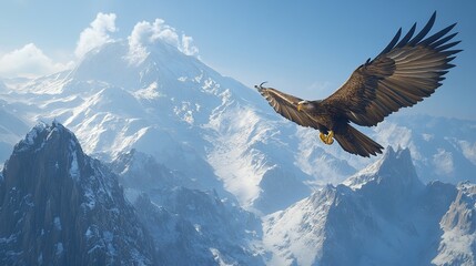 A majestic eagle soaring high above snow-capped mountains, wings spread wide against a clear blue sky.