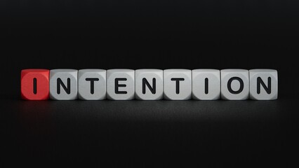 wooden cubes with text INTENTION. financial market. financing.close up of wooden elements,Business Concept.3D rendering on black background.