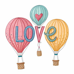 Naklejka premium Air balloons shaped like the word LOVE in vibrant colors, set against a clean white background, perfect for romantic and celebration themes