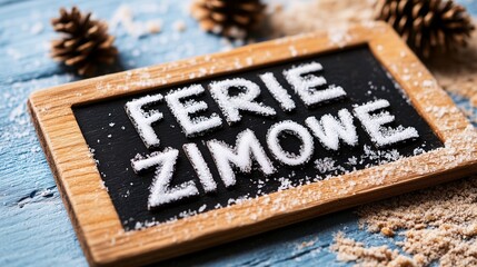 Tabliczka Ferie Zimowe posypana cukrem na drewnianej ramie