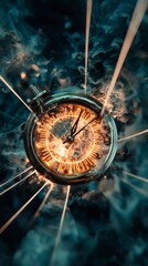 Fototapeta premium Glowing Clock Face Time Smoke Abstract Mystical Dark Background Light Rays Vintage