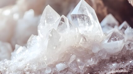 Beautiful Translucent White Crystal Formation with Sharp Points on Rocky Surface