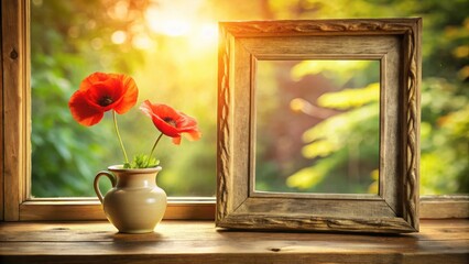 Red Poppies in a Rustic Vase on a Window Sill with a Vintage Frame and Soft Sunlight Streaming Through
