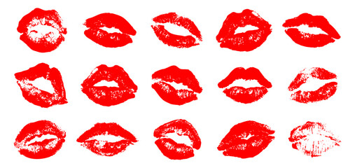 red lipstick kiss print set of vector illustrations
