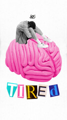 Contemporary art collage. Man sits on pink brain, overwhelmed, representing exhaustion or mental...