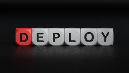 Businesswooden cubes. Businessman watch on the wooden cubes with text deploy. financial market. financing.close up of wooden elements,Business Concept.3D rendering on black background.