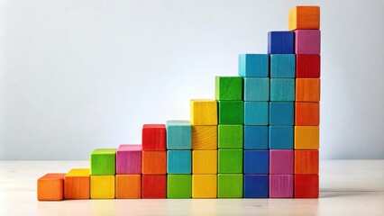 Obraz premium A colorful staircase made of wooden blocks, symbolizing progress and achievement, arranged in a gradient of hues from yellow to blue and red