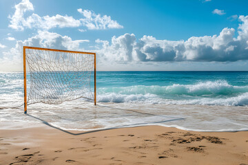 Handball goal set on a scenic beach with ocean waves rolling in the background