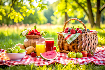 Picnic basket with fruits and juice on the grass in the park