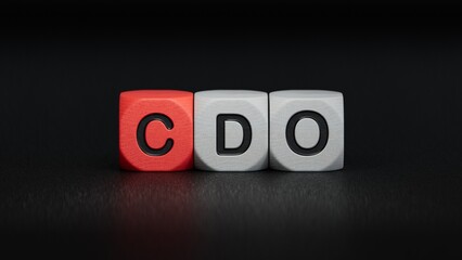 CDO word on wooden cubes.close up of wooden elements,Business Concept.3D rendering on black background.