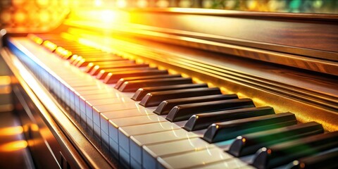 A close-up view of the keys of a piano with a warm glow emanating from the side, highlighting the musical instrument's details and inviting a sense of peace and tranquility.