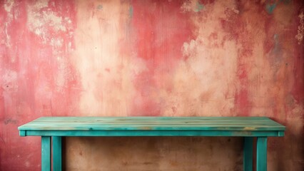 Rustic wooden table with teal paint against a background of distressed pink and brown wall
