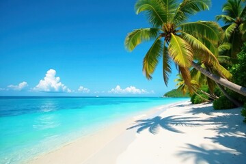 Clear blue sky over pristine beach, palm trees and turquoise water, sky, exotic, water
