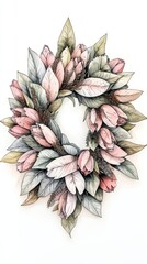 Fototapeta premium Beautiful seasonal wreath with soft pastel leaves minimalist design white background artistic creation nature-inspired
