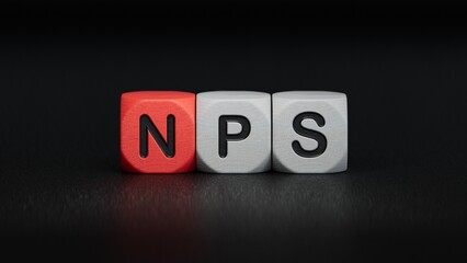 Close up wooden block cube for NPS.close up of wooden elements,Business Concept.3D rendering on black background.