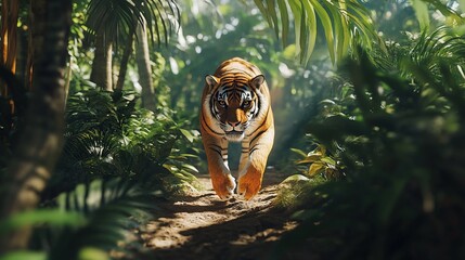 A majestic tiger prowling through the dense jungle, its orange and black stripes contrasting with the lush greenery