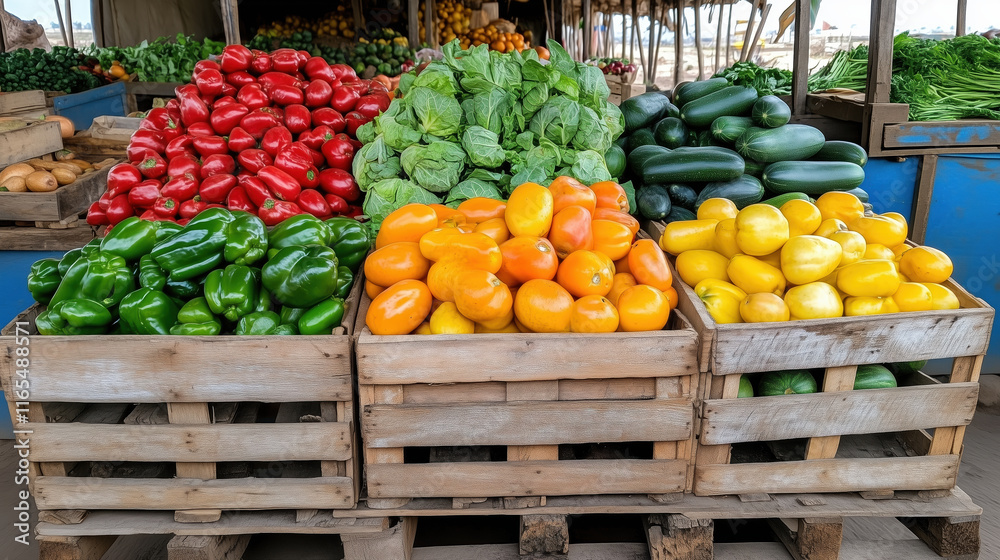 Sticker Fresh colorful vegetables in wooden crates at market display