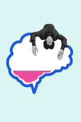 Contemporary art collage. Figure floats upside down within brain-shaped speech bubble symbolizing...
