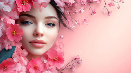 Fototapeta premium portrait of woman with pink flowers