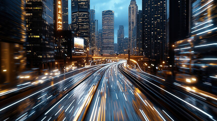 vibrant cityscape at night with illuminated skyscrapers and busy roads