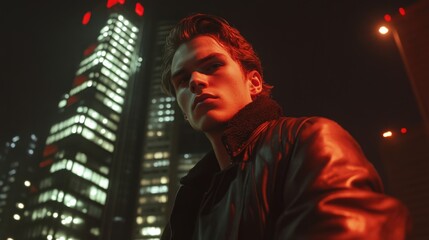 A young man gazes confidently at the camera amidst bright city lights late at night. Urban vibes and stylish fashion stand out.