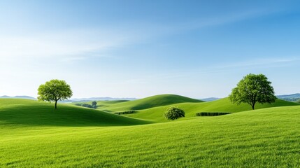 Obraz premium Lush green hills under a clear blue sky with scattered trees.
