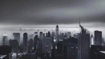 Urban skyline enveloped in mist showcases intricate details and contrast of architectural marvels against the moody black and white backdrop