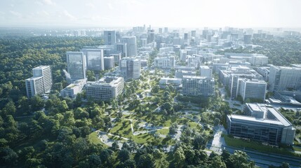 Innovative smart city developments urban area aerial view green infrastructure modern technology sustainable design