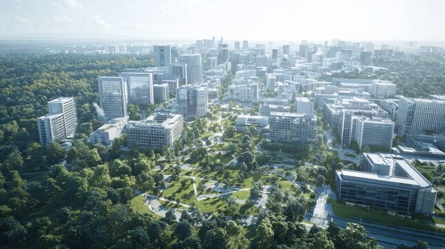 Innovative smart city developments urban area aerial view green infrastructure modern technology sustainable design