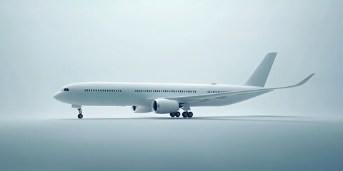 Commercial airplane, a sleek aircraft, stays stationary. Passenger jet, crafted for aviation, symbolizes global transport. Minimalist white exterior embodies modern innovation, ideal for business and