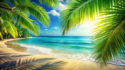 A tropical beach scene framed by lush palm leaves, with soft sand and clear turquoise waters reflecting the warm sunlight