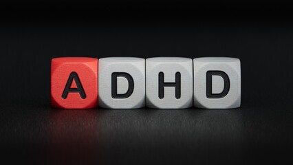 cubes with the word Adhd. Care concept.close up of wooden elements,Business Concept.3D rendering on black background.