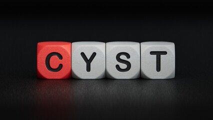 cubes with the word cyst. Care concept.close up of wooden elements,Business Concept.3D rendering on black background.