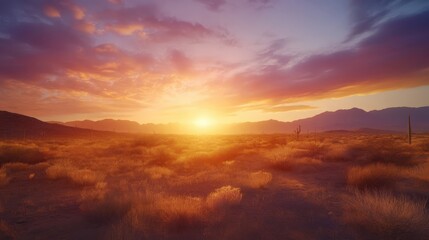 Breathtaking sunset view over desert landscape with vibrant colors and mountains in the background. A serene moment in nature.