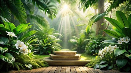 Obraz premium Sunbeams filtering through the lush foliage of a tropical jungle, illuminating a wooden platform and showcasing the vibrant greenery and delicate white orchids.