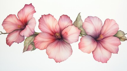 Naklejka premium Elegant pink hibiscus flowers botanical display indoor decor soft lighting floral arrangement beauty concept