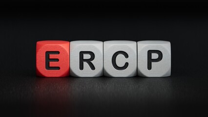 cubes with the word ercp. Care concept.close up of wooden elements,Business Concept.3D rendering on black background.