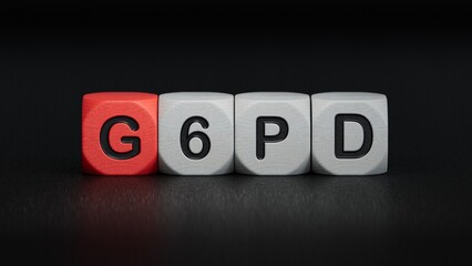 cubes with the word g6pd. Care concept.close up of wooden elements,Business Concept.3D rendering on black background.