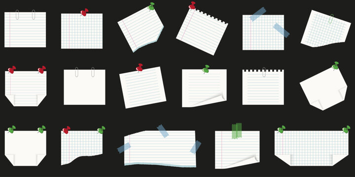 Big Set realistic Notebook Paper Sheets sticker isolated black background. Office Paper notice Sheet mockup. Vector illustration for Scrapbooking