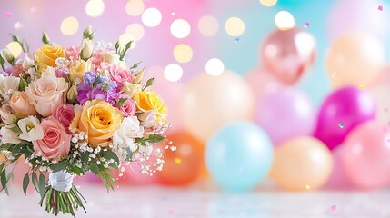 Colorful flower bouquet with pastel balloons and confetti, celebration concept.