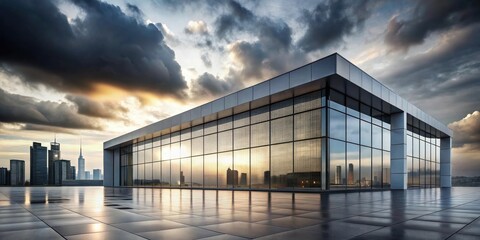 Obraz premium A modern, sleek skyscraper with an expansive glass facade reflects a vibrant cityscape, illuminated by the warm glow of a setting sun, casting a soft, ethereal ambiance over the rooftop terrace.