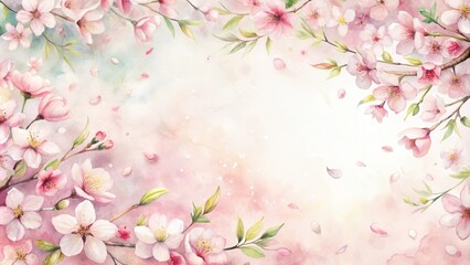Obraz premium Watercolor Floral Border with Delicate Pink Blossoms and Falling Petals on a Softly Colored Background