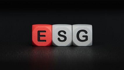 Environmental, Social, and Governance on wooden cubes.close up of wooden elements,Business Concept.3D rendering on black background.