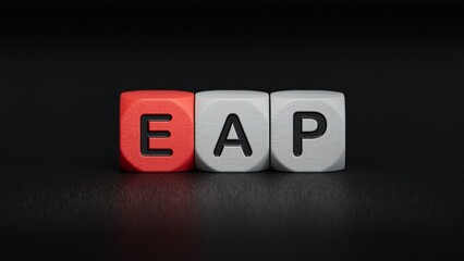 eap questions and answers on wooden cubes.close up of wooden elements,Business Concept.3D rendering on black background.