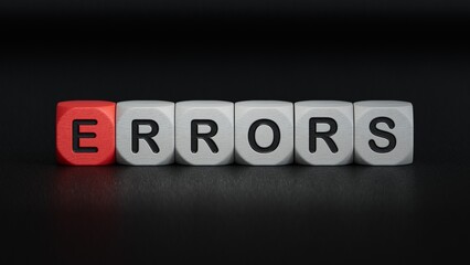 errors word concept. wooden cubes.close up of wooden elements,Business Concept.3D rendering on black background. 