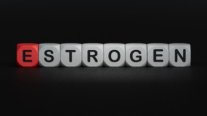 ESTROGEN word made with wooden blocks concept.close up of wooden elements,Business Concept.3D rendering on black background.