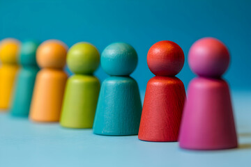 Row of colorful wooden figures on a blue background, symbolizing diversity, individuality, and inclusivity in a vibrant and cheerful design.
