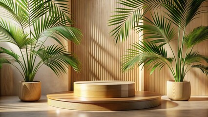 Obraz premium 3D Wooden Podium, Palm Leaves, Spa Beauty Mockup