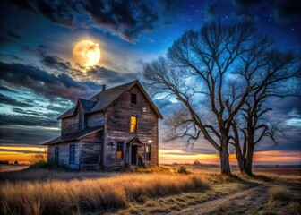 Abandoned Farmhouse Night Photography AI Art, Surreal Abandoned Farm, Nighttime Rural Ruin